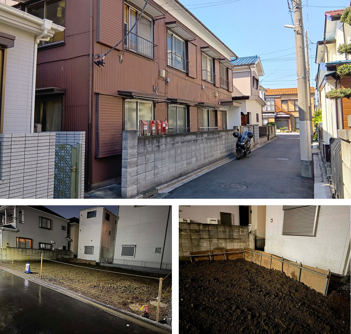 2026/07/18の解体状況：解体前、前道路幅が４ｍ未満で重機の搬入場所確保が難しい現場。
